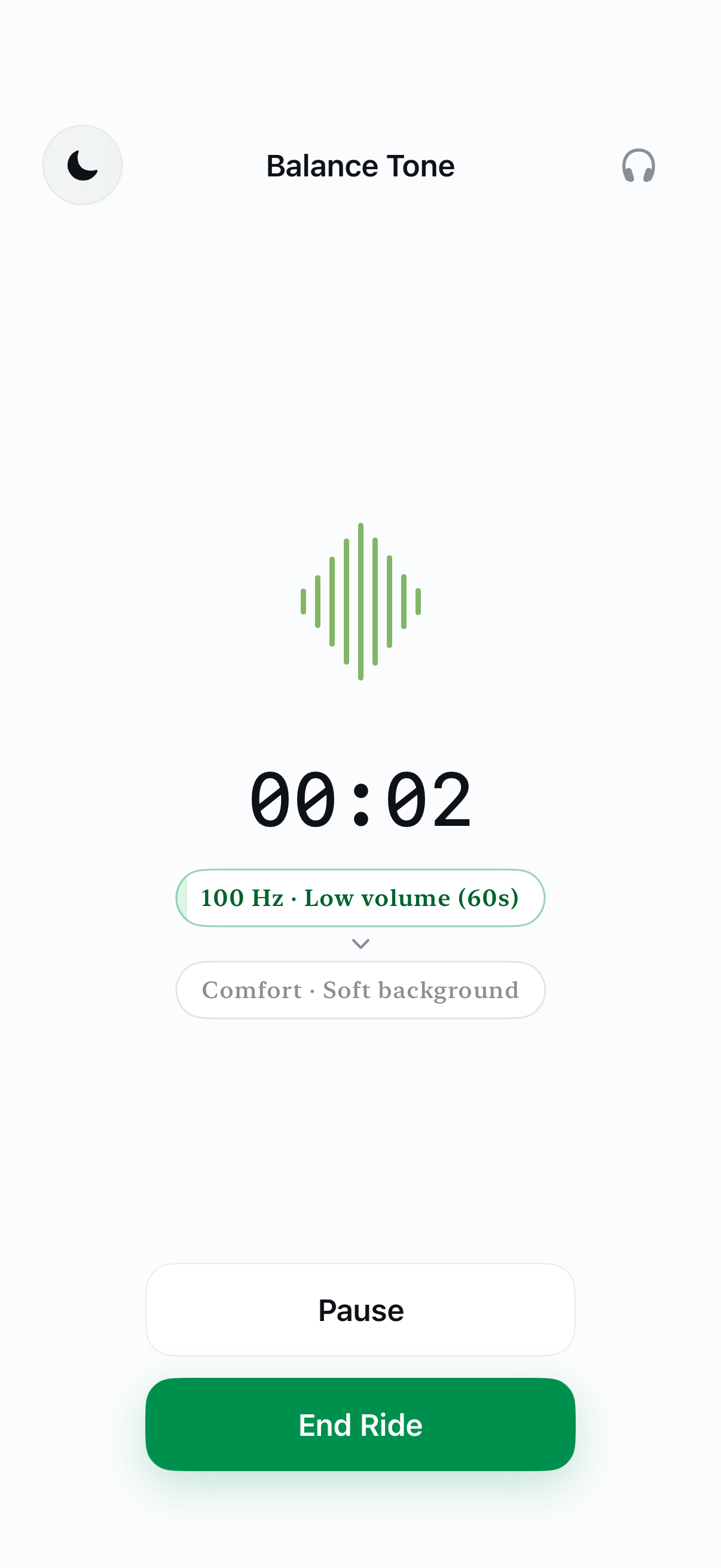 AntiSick Audio screen showing a 100 Hz low-volume balance tone session