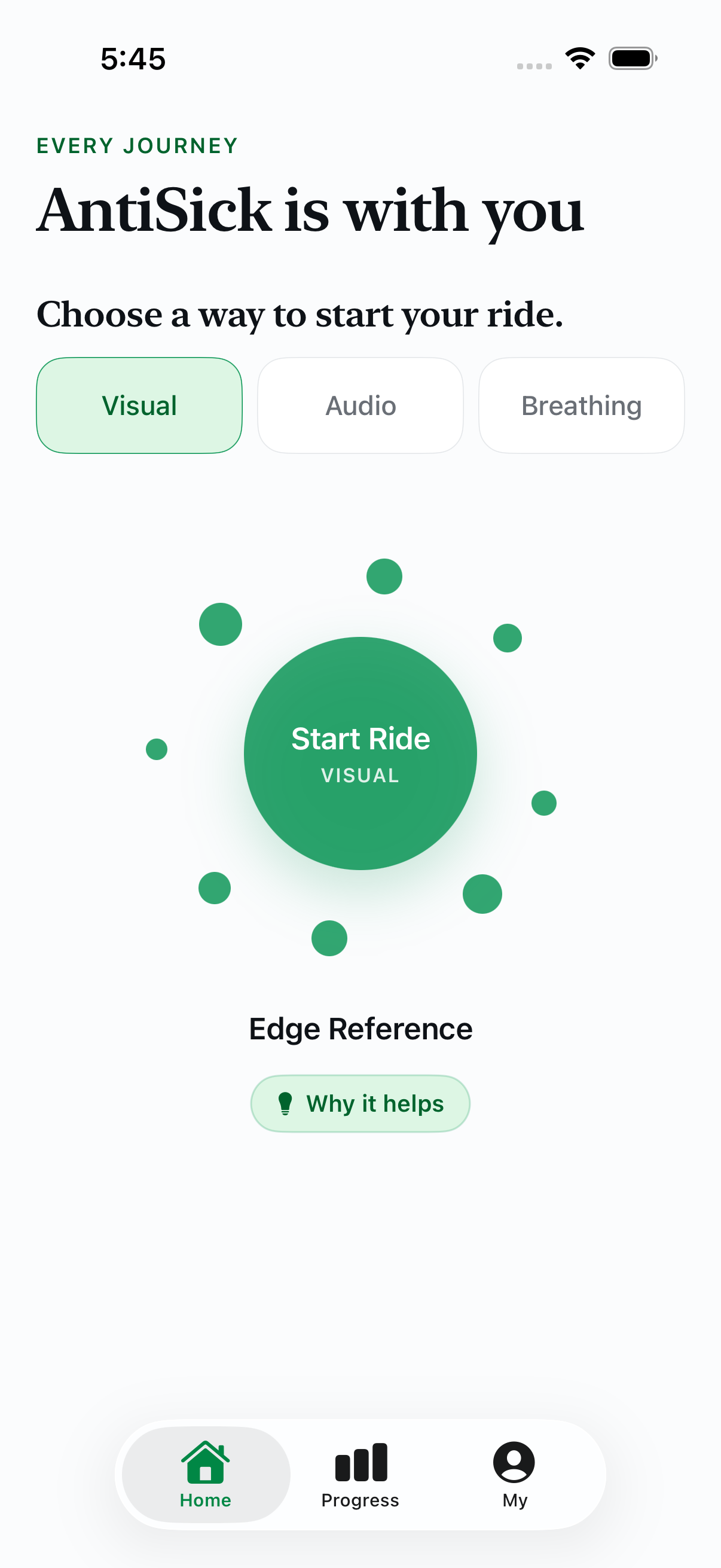AntiSick home on iPhone with Visual, Audio, and Breathing