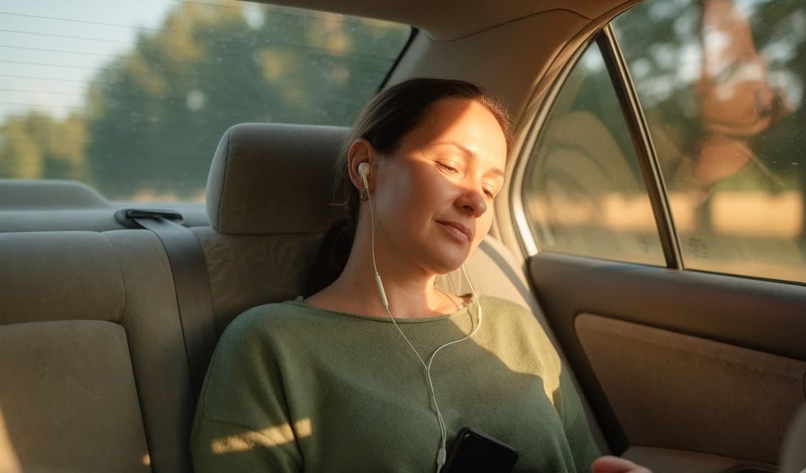 A passenger wearing earphones with eyes closed in late-afternoon car light