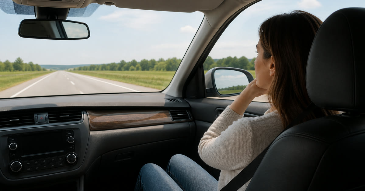 A front-seat passenger looking through the windshield toward the distant road