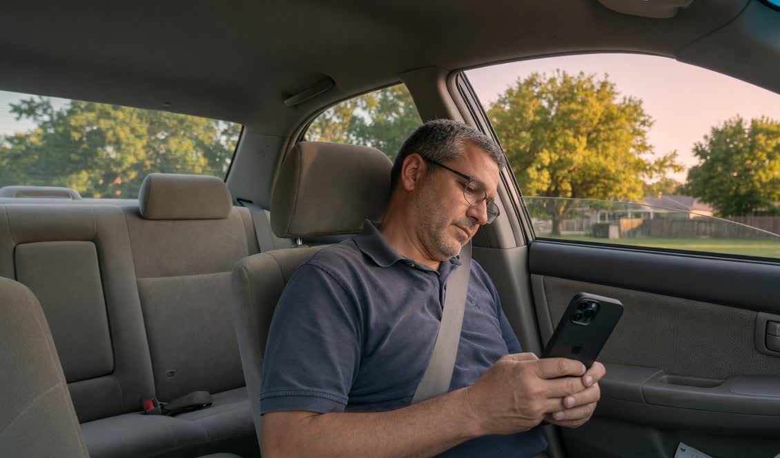 A passenger in the front seat looking at a phone, screen facing him